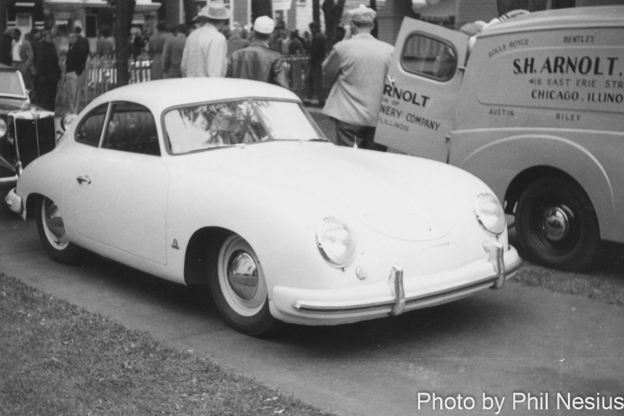 Porsche 356 in front of S.H. Arnolt van at Elkhart Lake, WI July 1952 / 137E_0009 / 