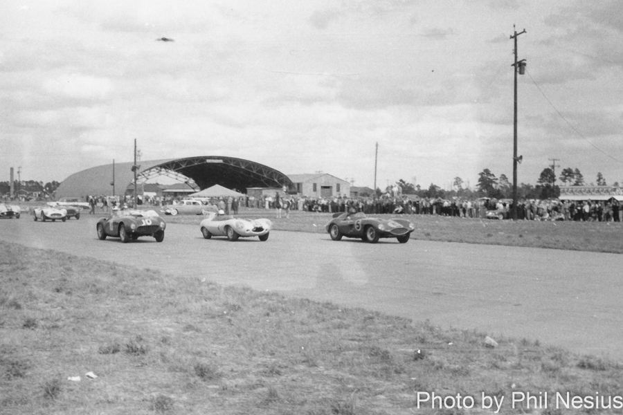 Ferrari 121 LM Number 5 driven by Jim Kimberly and Jaguar D-type Number 59 driven by Sherwood Johnston and Ferrari 375 MM Number 10 driven by John Kilborn at Walterboro National Championship Sports Car Race March 10th 1956 / 952_0001 / 