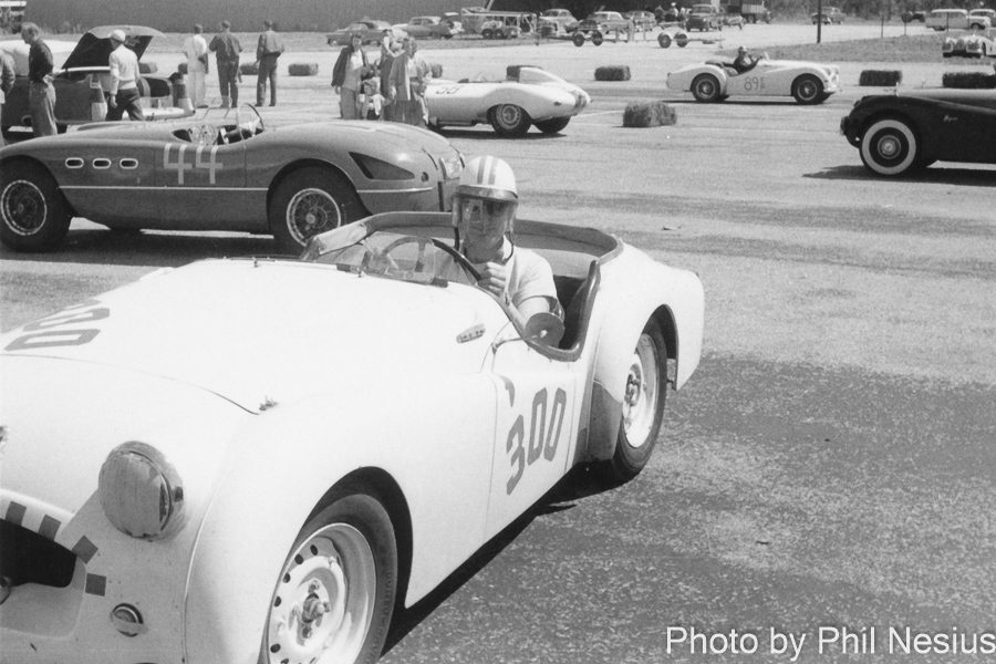 Triumph TR2 Number 300 driven by Bob Goldich with Ferrari 250 MM Number 44 driven by Gene Greenspun in background at Walterboro National Championship Sports Car Race March 10th 1956 / 952_0005 / 