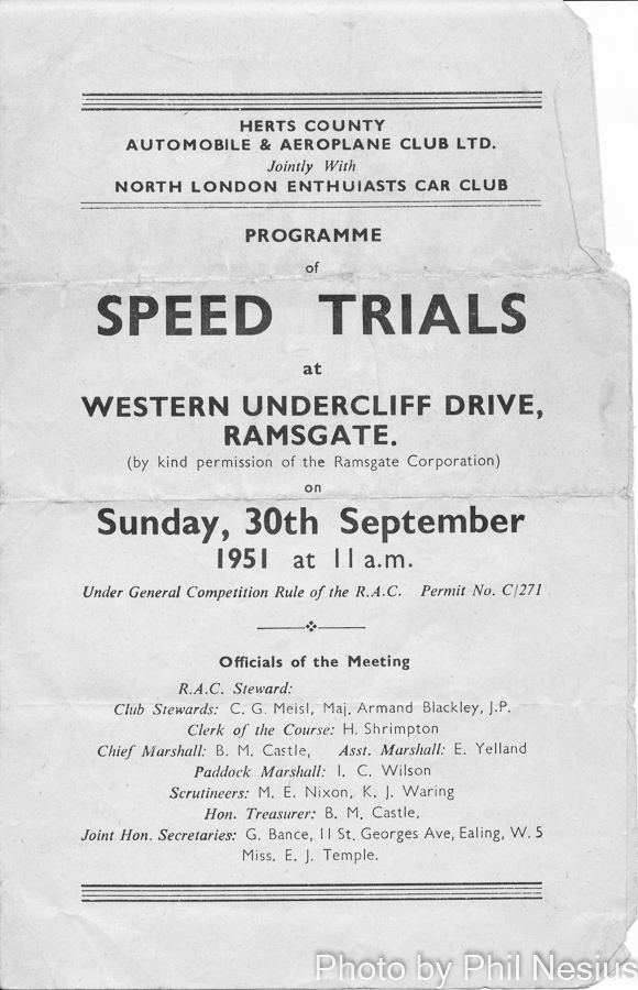 Program coverpage 1 of 4 of the Ramsgate Speed Trials September 30th 1951 / Ramsgate_Speed_Trials_1951_0001 / 