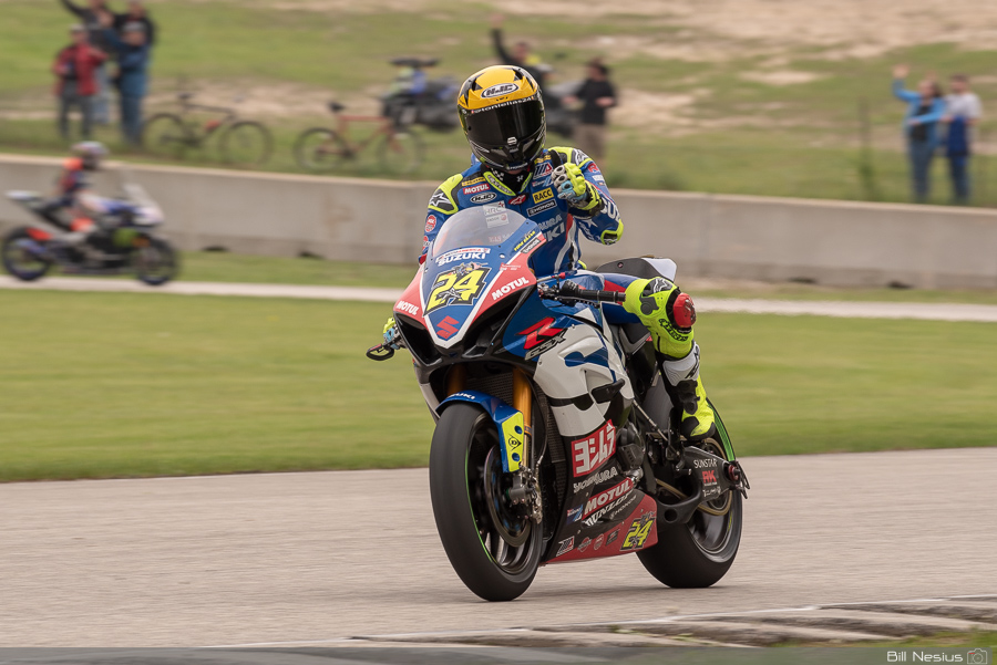 A happy Toni Elias after winning race one on Saturday. on the Number 24 Yoshimura Suzuki Factory Racing Suzuki GSX-R1000 / DSC_0992 / 4