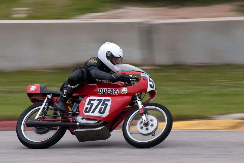 1965 Ducati #575 Ridden by Patrick Dempsey in turn 13 at Road America, Elkhart Lake, WI