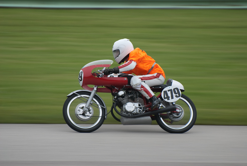 1965 Honda CB #479 Ridden by Evie Hunt in turn 9 at Road America, Elkhart Lake, WI
