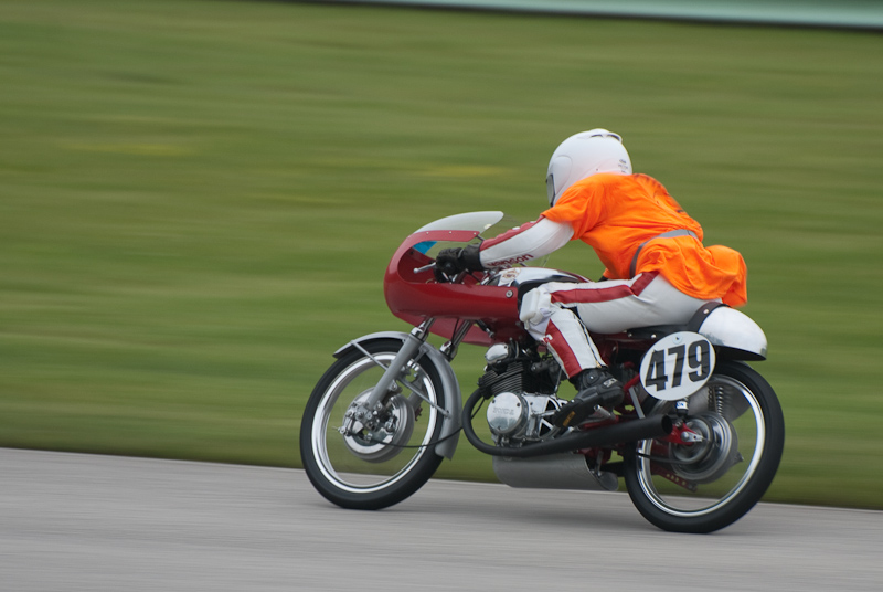 1965 Honda CB #479 Ridden by Evie Hunt in turn 9 at Road America, Elkhart Lake, WI