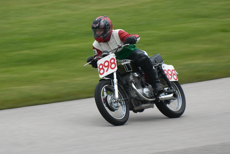 1973 Honda CB #898 ridden by Lori Faber in turn 9 at Road America, Elkhart Lake, WI
