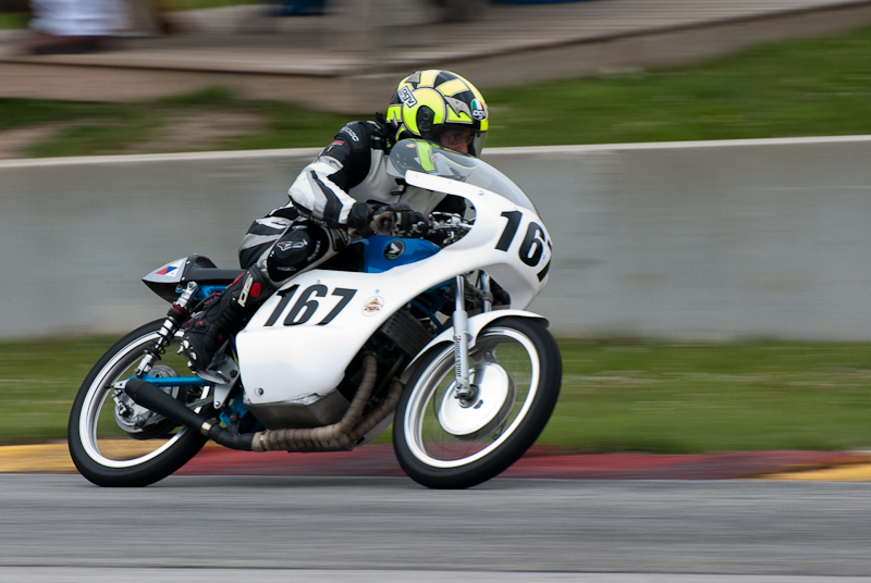 1968 Honda #167 ridden by Michael Polkabla in turn 13 at Road America, Elkhart Lake, WI