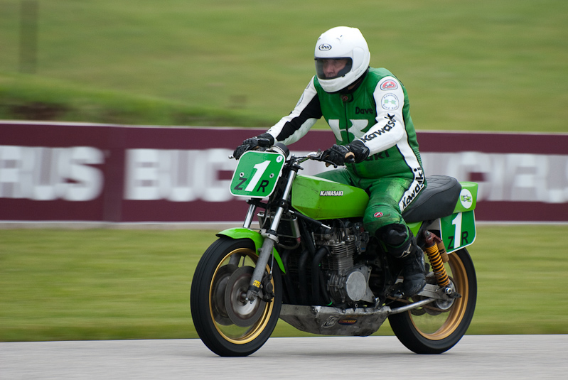 1978 Kawasaki #1r Ridden By David Crussell climbing the hill between turns 5-6 at Road America, Elkhart Lake, WI