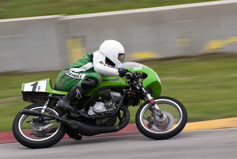 1970 Kawasaki #1f ridden by David Crussell in turn 13 at Road America, Elkhart Lake, WI
