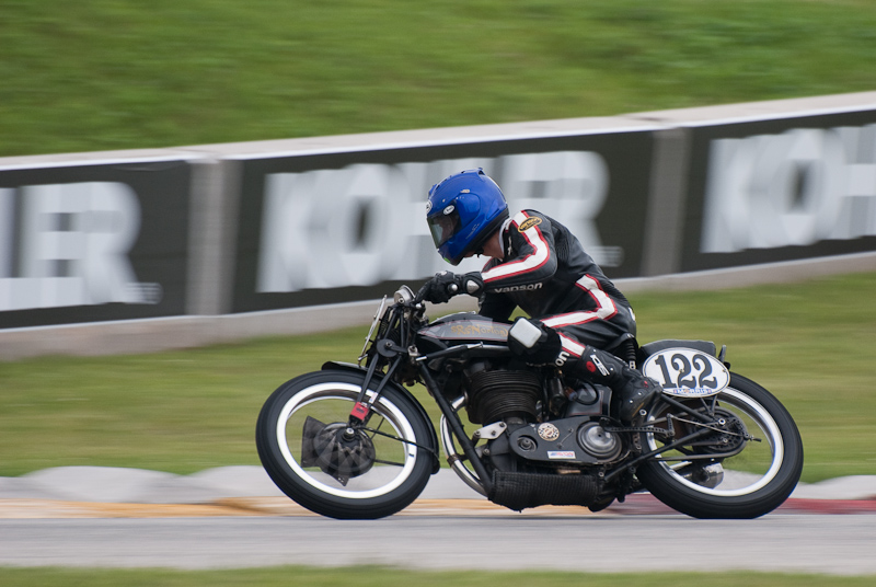 1937 Norton #122 ridden by Alex Mclean in turn 7 at Road America, Elkhart Lake, WI