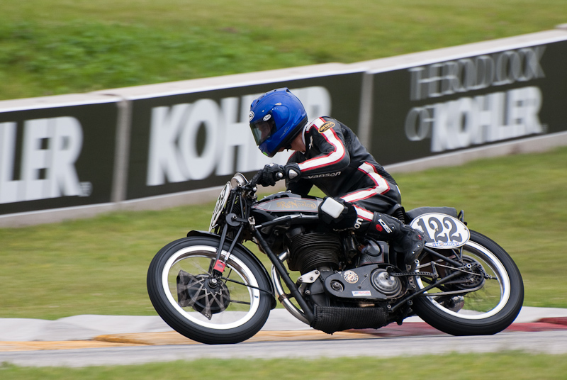 1937 Norton #122 ridden by Alex Mclean in turn 7 at Road America, Elkhart Lake, WI