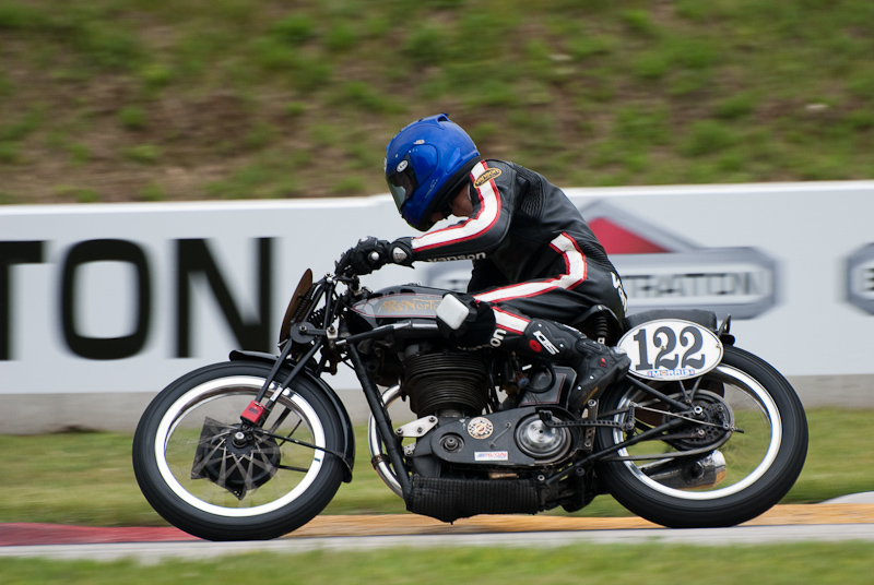 1937 Norton #122 ridden by Alex Mclean in turn 7 at Road America, Elkhart Lake, WI