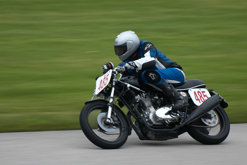 1975 Triumph #485 ridden by David Wells in turn 9 at Road America, Elkhart Lake, WI