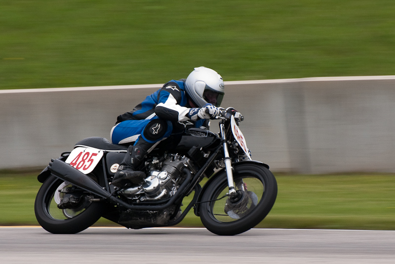 1975 Triumph #485 ridden by David Wells in turn 13 at Road America, Elkhart Lake, WI