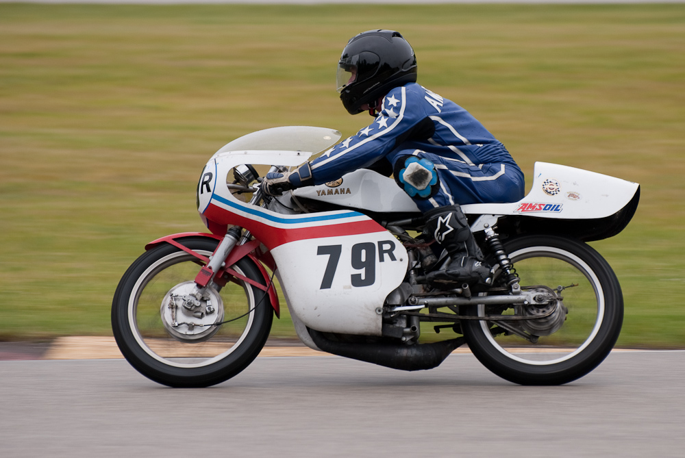 Carl Anderson on a 1969 Yamaha, No 79R in the bend, Road America, Elkhart Lake, WI