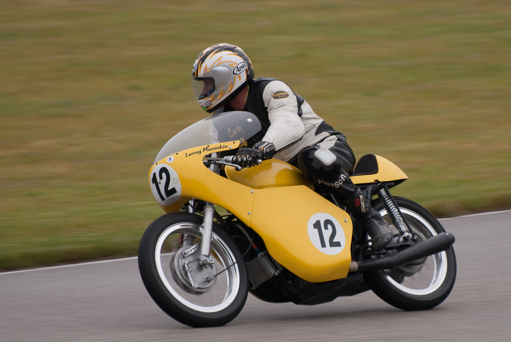 Larry Macoskie on a 1972 Honda, No 12 in the bend, Road America, Elkhart Lake, WI