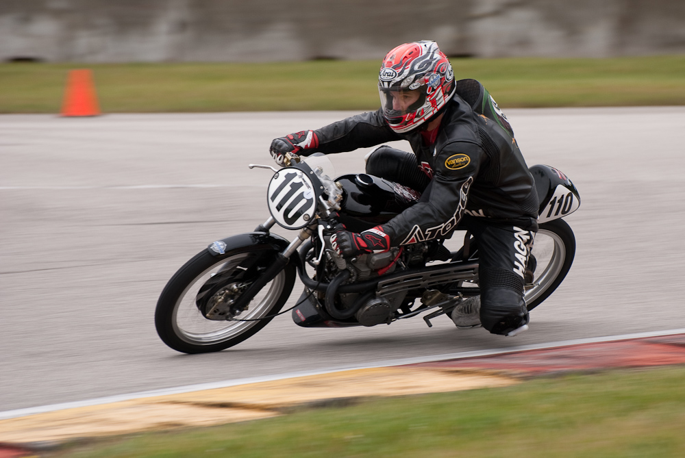 Billy Hamill on a 1970 Honda, No 110 in the bend, Road America, Elkhart Lake, WI
