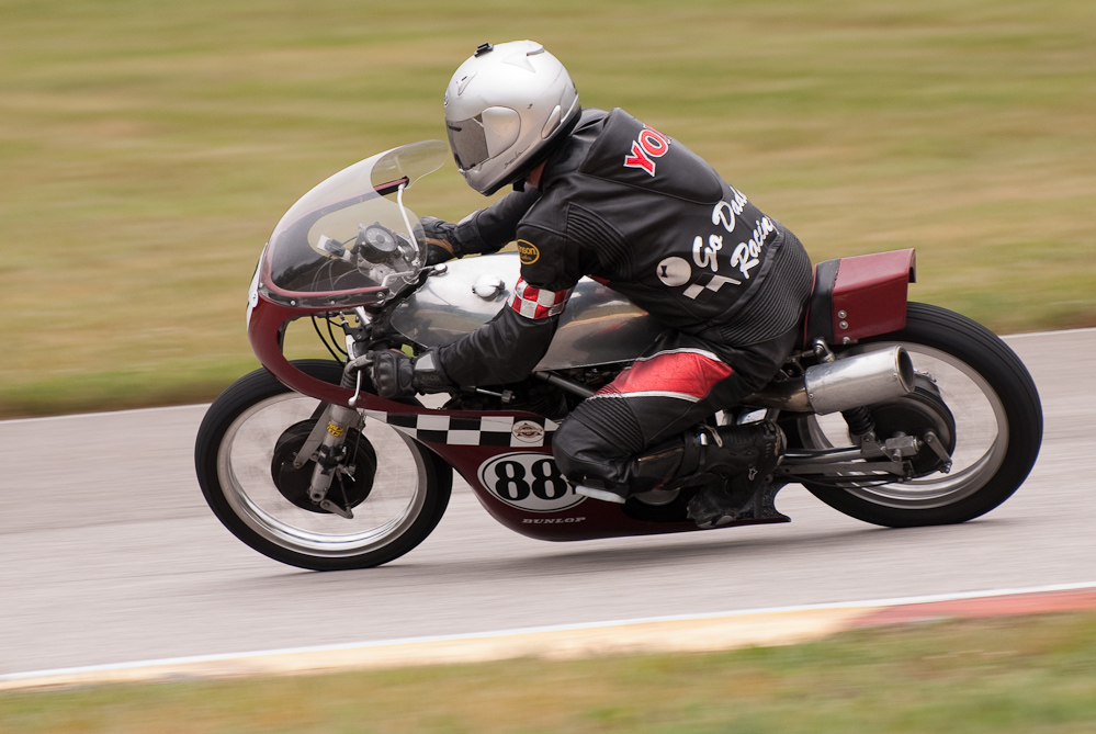 Bruce Yoxsimer on a Seely, No 88X in the bend, Road America, Elkhart Lake, WI 