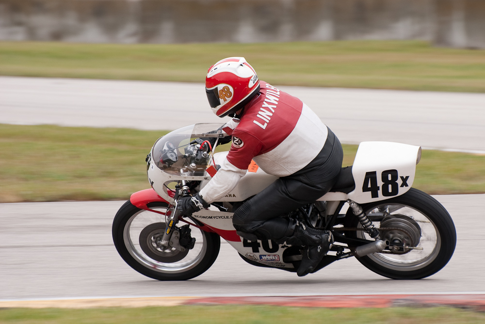 James Linxwiler on a 1973 Yamaha, No 48X in the bend, Road America, Elkhart Lake, WI 