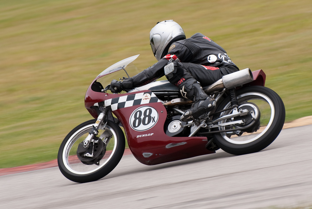 Bruce Yoxsimer on a Seely, No 88X in the bend, Road America, Elkhart Lake, WI 