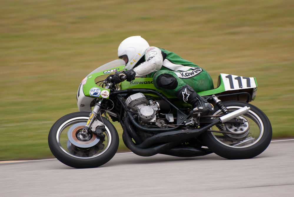 David Crussell on a 1970 Kawasaki, No 117 in the bend, Road America, Elkhart Lake, WI