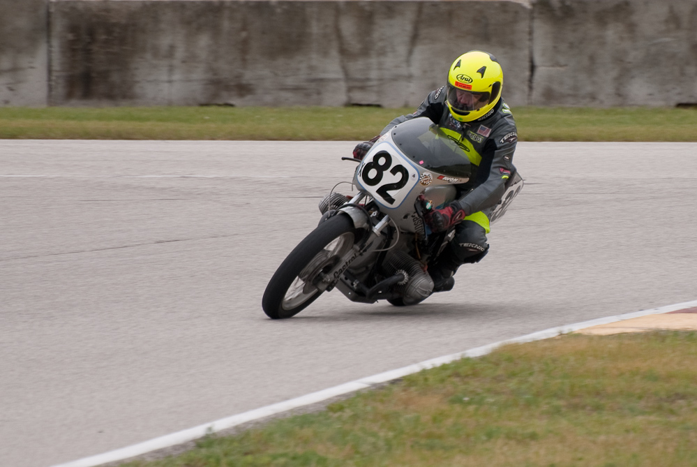 Gordon Lunde on a 1974 BMW No X82 in the bend, Road America, Elkhart Lake, WI
