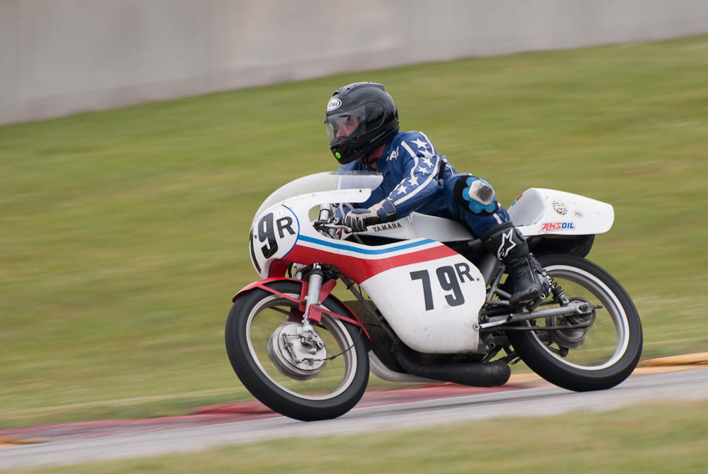Carl Anderson on a 1969 Yamaha, No 79R in turn 7, Road America, Elkhart Lake, WI