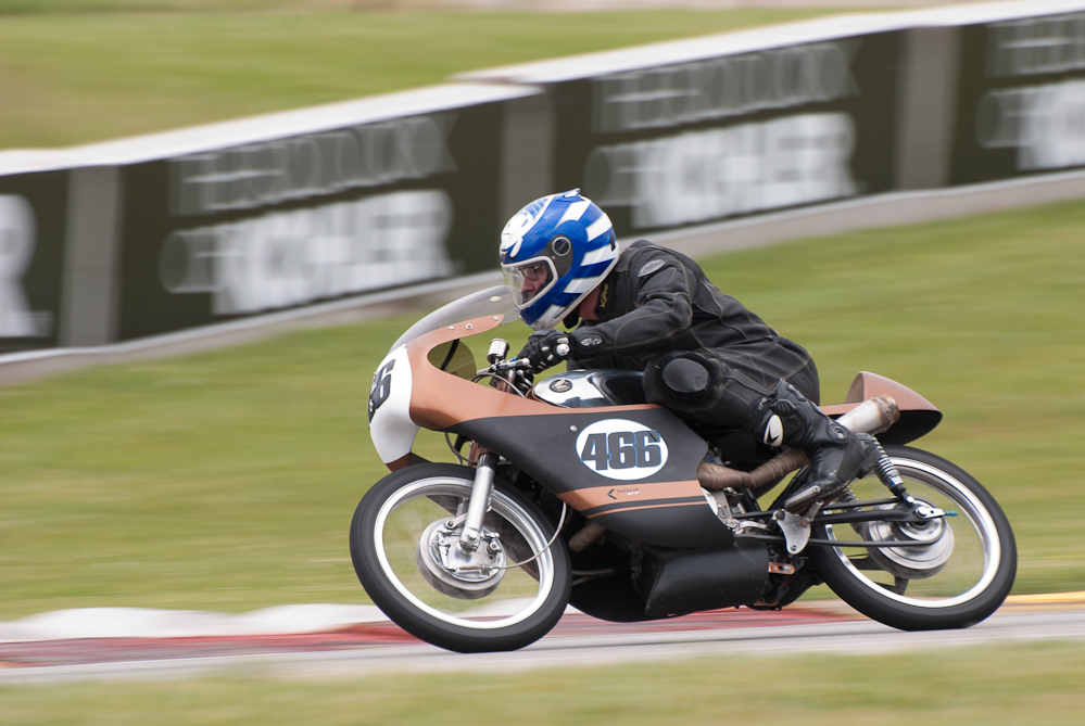 Perry Bradley on a 1966 Honda, No 466 in turn 7, Road America, Elkhart Lake, WI
