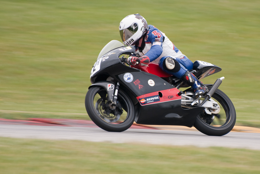 Steve Thompson riding a Honda, No 22R in turn 7, Road America, Elkhart Lake, WI