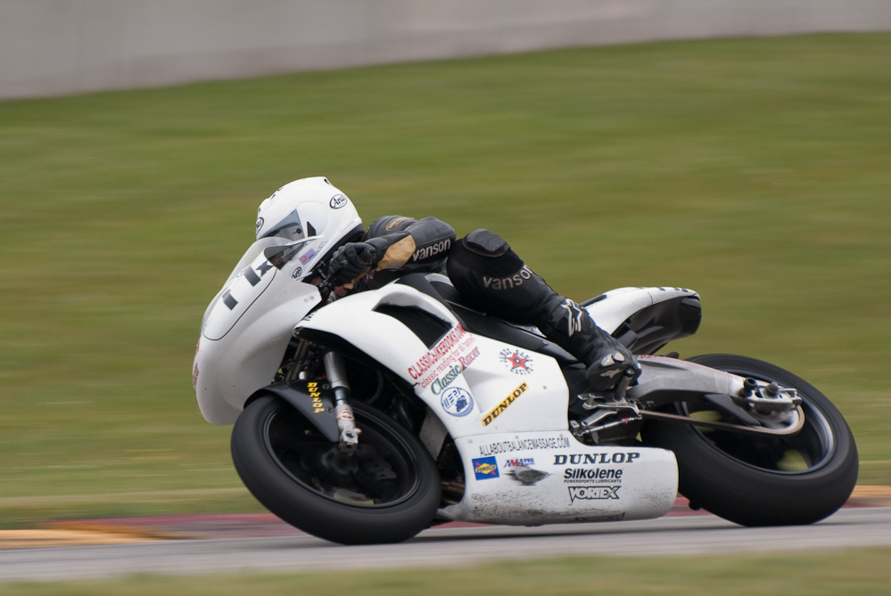 Pat Mooney on a Buell, No 11X in turn 7, Road America, Elkhart Lake, WI
