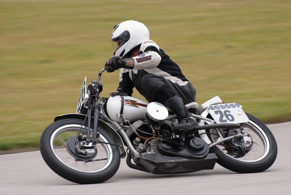 Art Farley on a 1939 Harley Davidson, No 26 in the bend, Road America, Elkhart Lake, WI