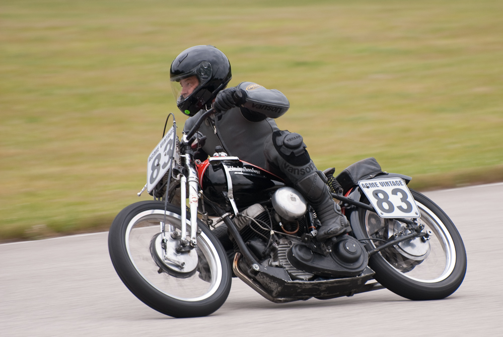 Kyle Corser on a 1951 Harley Davidson, No 83 in the bend, Road America, Elkhart Lake, WI