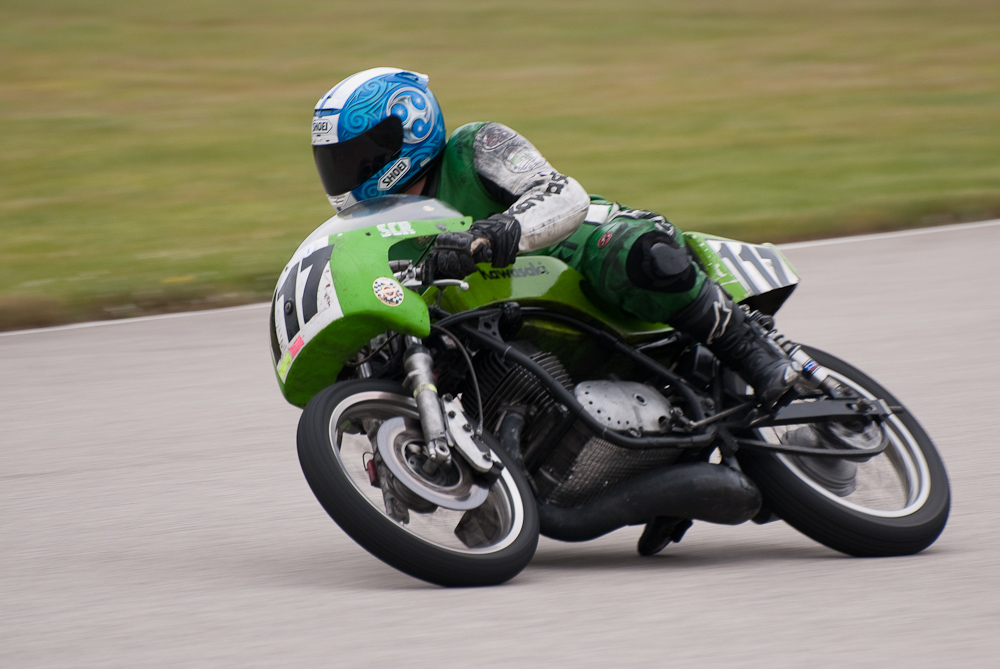 David Crussell on a 1970 Kawasaki, No 117 in the bend, Road America, Elkhart Lake, WI