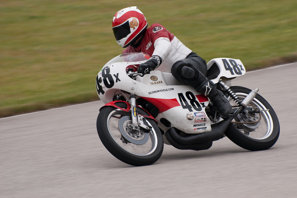 James Linxwiler on a 1973 Yamaha, No 48X in the bend, Road America, Elkhart Lake, WI 
