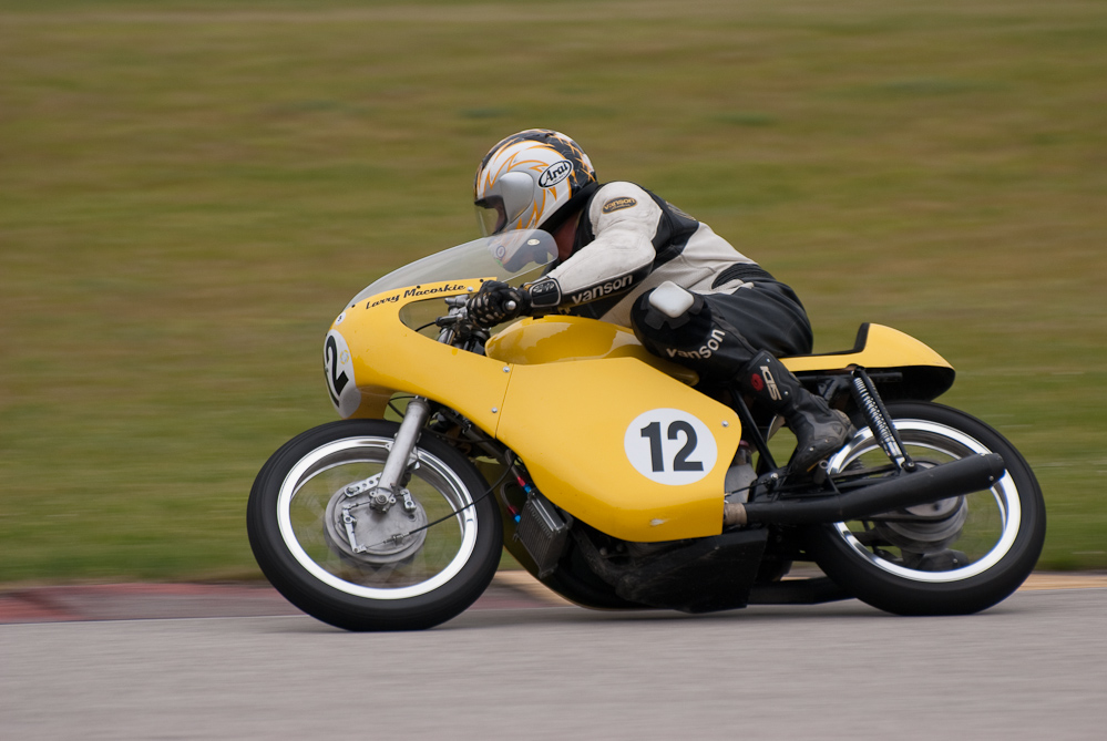Larry Macoskie on a 1972 Honda, No 12 in the bend, Road America, Elkhart Lake, WI