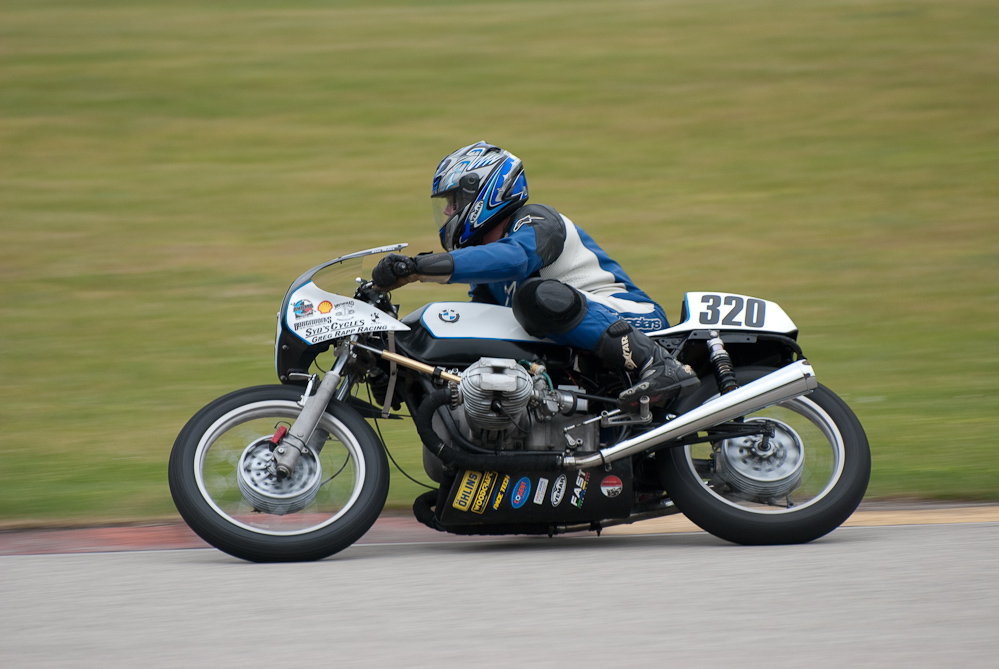 Stan Miller on a 1973 BMW No 320 in the bend, Road America, Elkhart Lake, WI