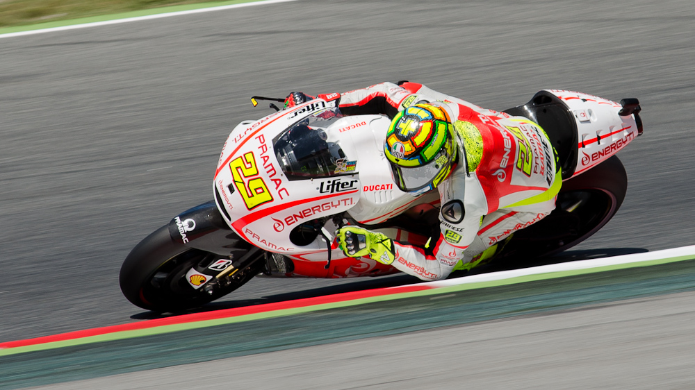 Andrea Iannone on the #29 Pramac Racing Team Ducati at Circuit de Catalunya turn 2 / DSC_6402