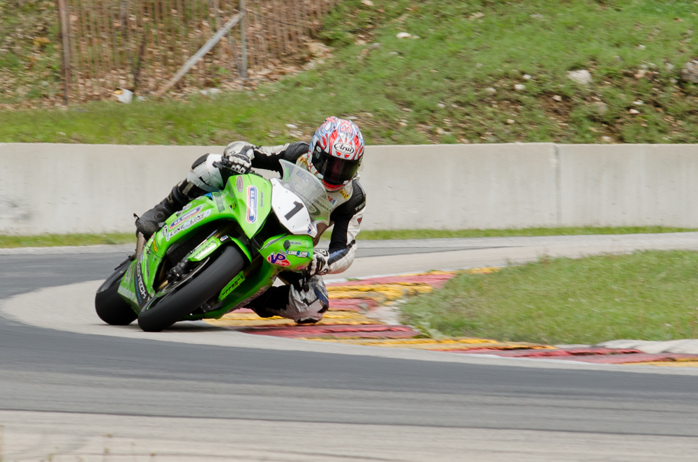 DSC_2205 / Jason Farrell on the Number 1 Kawasaki in turn 6 at Road America, Elkhart Lake, WI