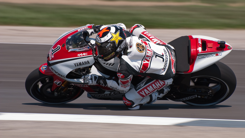 Jorge Lorenzo on the number 1 Yamaha Factory Racing YZR-M1 in turn 6, Indianapolis Motor Speedway  ~  DSC_2992