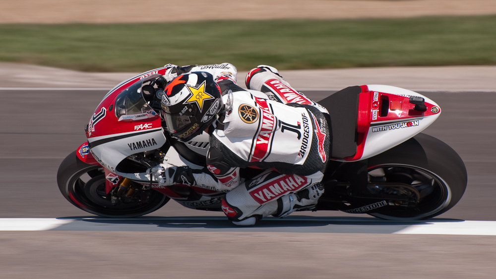 Jorge Lorenzo on the number 1 Yamaha Factory Racing YZR-M1 in turn 6, Indianapolis Motor Speedway  ~  DSC_3024