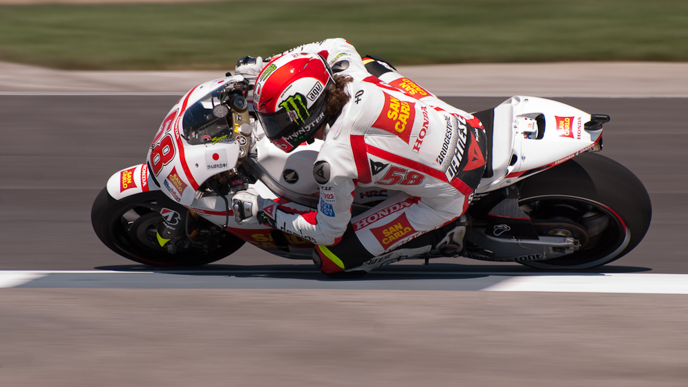Marco Simoncelli on the number 58 San Carlo Honda Gresini Honda RC212V in turn 6, Indianapolis Motor Speedway  ~  DSC_3144