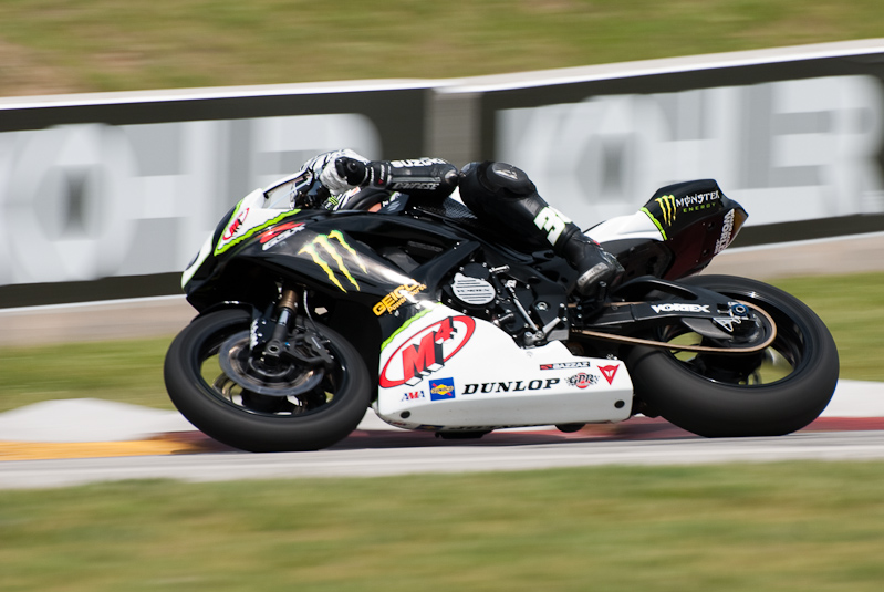 Martin Cardenas, No. 36 on the M4 Monster Energy Suzuki GSX-R600 in turn 7, Road America, Elkhart Lake, WI