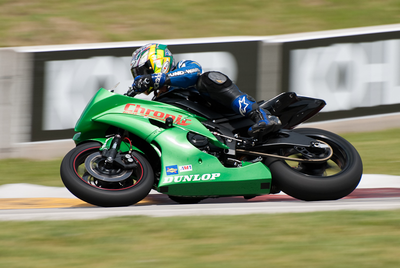 Sam Rozynski, No. 175 on the Chronic Motorsports Yamaha YZF-R6 in turn 7, Road America, Elkhart Lake, WI