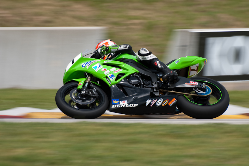 Fernando Amantini, No. 7on the Team Amantini Kawasaki Ninja ZX-6R in turn 7, Road America, Elkhart Lake, WI