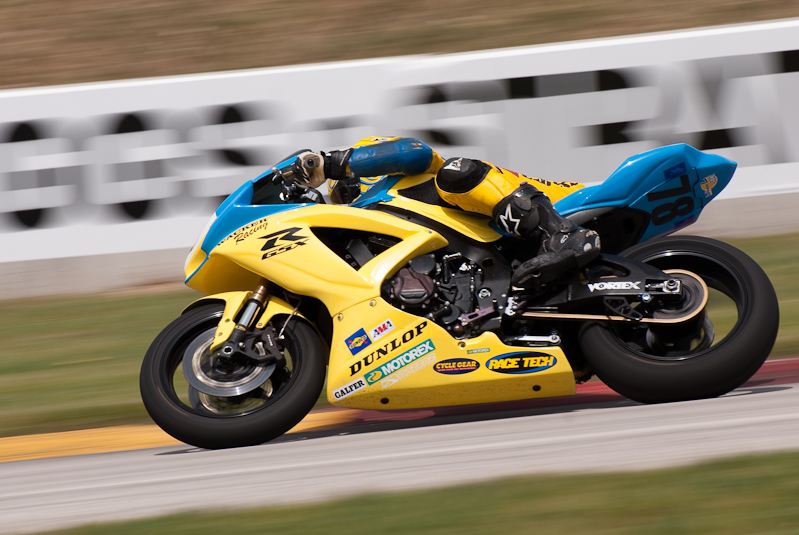 Reese Wacker, No. 78 on the Wacker Racing LLC Suzuki GSX-R600 in turn 7, Road America, Elkhart Lake, WI