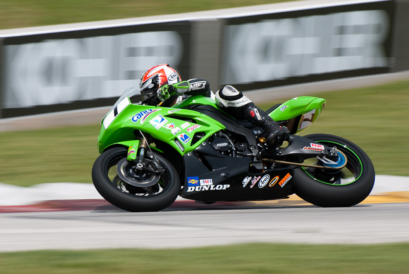 Fernando Amantini, No. 7 on the Team Amantini Kawasaki Ninja ZX-6R in turn 7, Road America, Elkhart Lake, WI