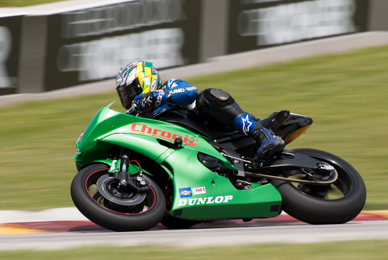 Sam Rozynski, No. 175 on the Chronic Motorsports Yamaha YZF-R6 in turn 7, Road America, Elkhart Lake, WI