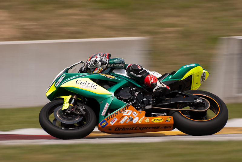 P. J. Jacobsen, No. 54 on the Celtic Racing Suzuki GSX-R600 in turn 7, Road America, Elkhart Lake, WI