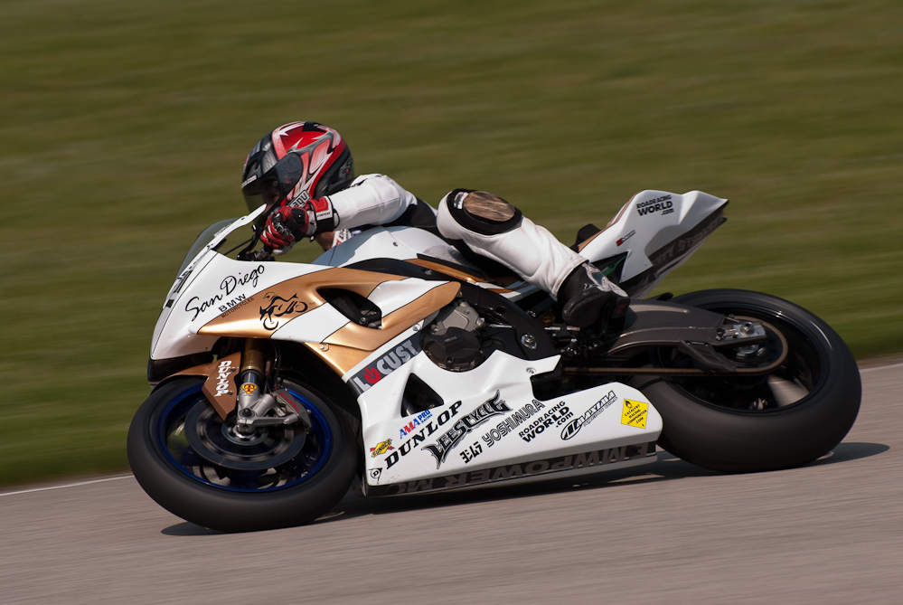 Steve Rapp on the No 15 San Diego BMW/Locust Powered by Lee`s Cycle BMW S1000RR in the bend, Road America, Elkhart Lake, WI