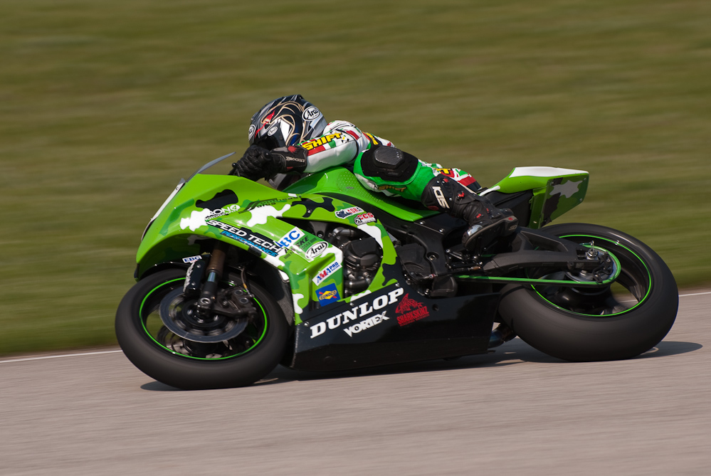 Brian Hall on the No 66 Schaumburg Audi Kawasaki ZX-10 in the bend, Road America, Elkhart Lake, WI