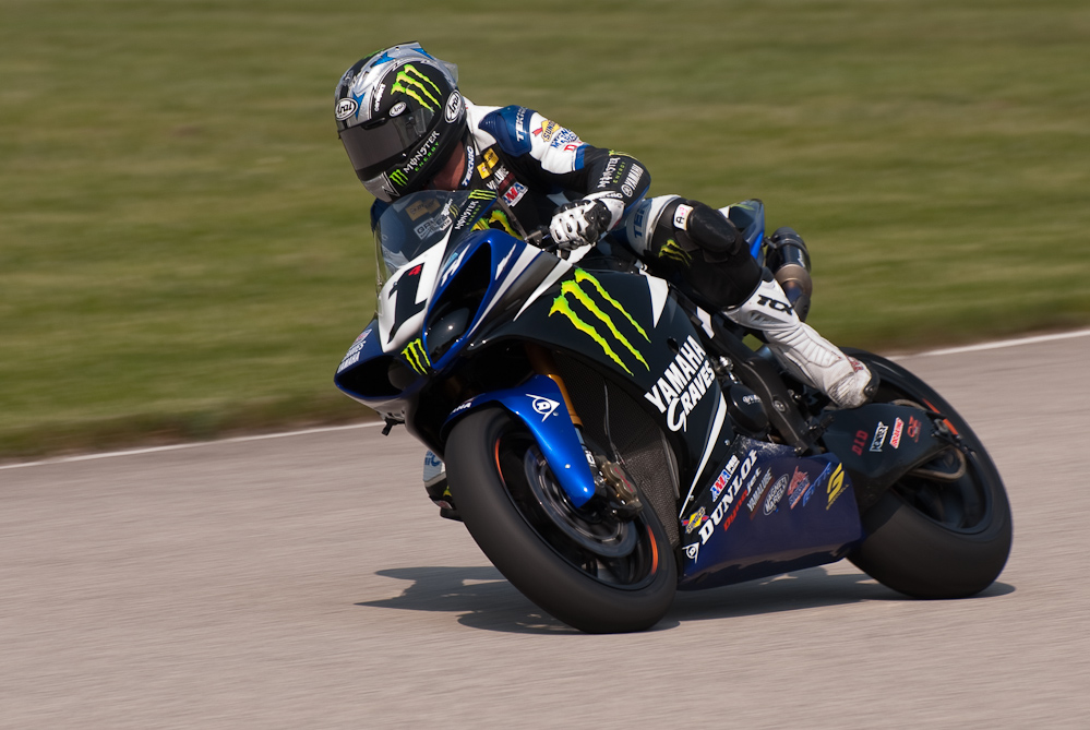 Josh Hayes on the No 1 Monster Energy Graves Yamaha R1 in the bend, Road America, Elkhart Lake, WI
